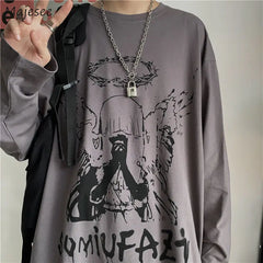 Men Long Sleeve T-shirts Autumn Print Gothic Vintage Ulzzang Cozy High Street Streetwear 5XL Baggy Korean Trendy BF New