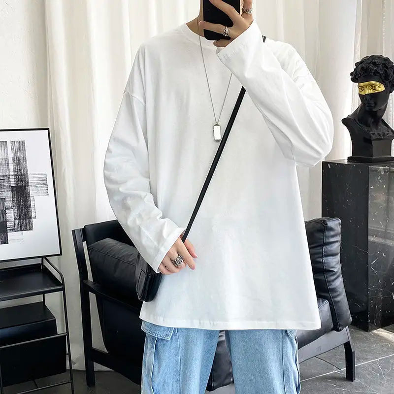 Men Long Sleeve T-shirts Autumn Male Simple Design Solid Basic Oversize 5XL Soft Cozy High Quality All-match Korean Fashion Chic