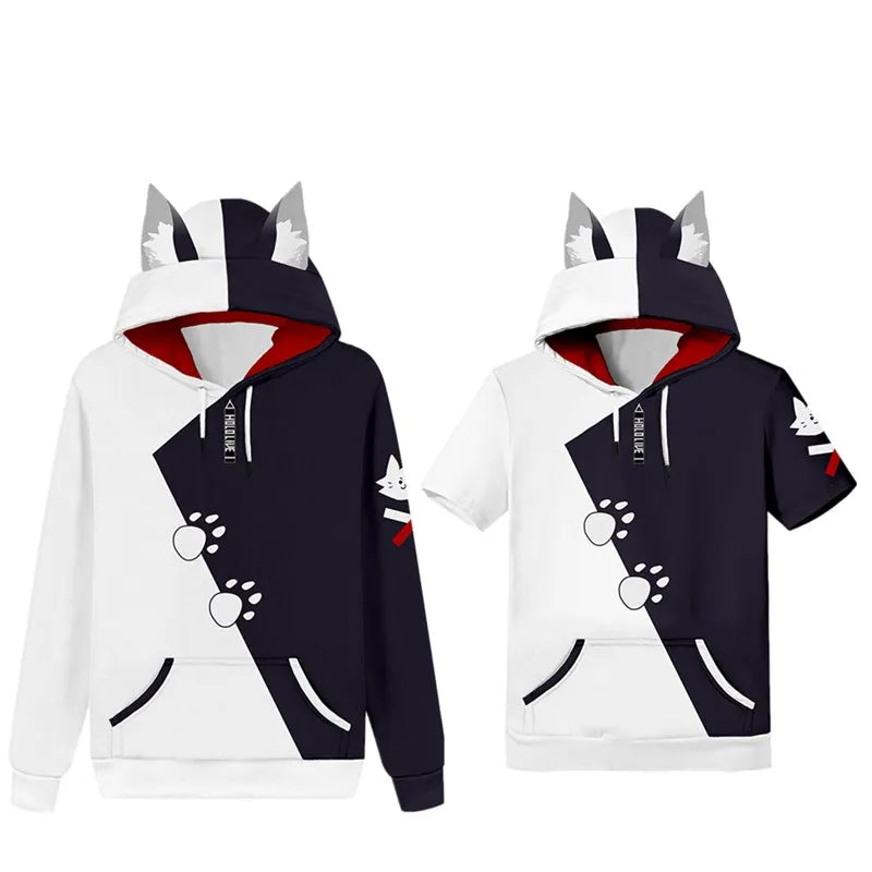 Hololive VTuber Ookami Mio Cosplay Cat Ear Hoodie 3D Print Sweatshirt Men Women Casual Short Sleeve Hooded Pullover T-shirt Coat