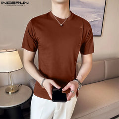 INCERUN  Men T Shirt Solid Color O-neck Short Sleeve Button Men Clothing Streetwear Summer Korean Casual Male Tee Tops S-5XL