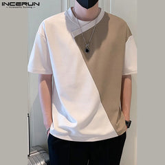 INCERUN Summer Men T Shirt Patchwork O-neck Short Sleeve Streetwear Casual Men Clothing Korean Style Loose Tee Tops L-5XL