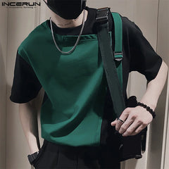 INCERUN Tops  Korean Style New Men Fashion Splicing Backpack Buckle Design T-shirts Casual Male Short Sleeved Camiseta L-5XL