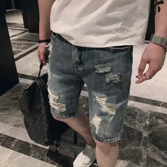 Male Denim Shorts Straight Ripped Men's Short Jeans Pants Designer Cowboy Luxury Korean Fashion Buttons Original Novelty In