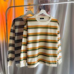 Long Sleeve T-shirts Men Japanese Striped O-neck Loose Couple Basic Simple Streetwear All-match Clothing Ins Panelled