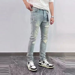 Fashion Men's Ripped Jeans Casual Stretch Denim Pants High Street Slim Fit Light Blue Hip Hop Jeans Streetwear Man's Trousers