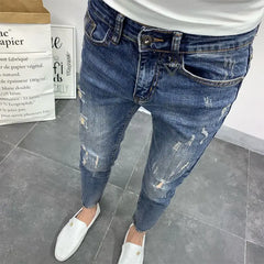 Men's Korean Style Classic Jeans New Blue Ripped Jeans for Men Fashion Trendy Summer Skinny Ripped Hole Cargo Trousers