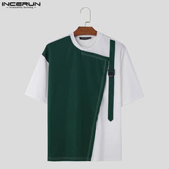 INCERUN Tops  Korean Style New Men Fashion Splicing Backpack Buckle Design T-shirts Casual Male Short Sleeved Camiseta L-5XL