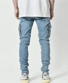 Men Jeans Pencil Pants Cargo Denim Solid Ankle Length Washing Pockets Mid Waist Sheath Slim Slight Strech High Street