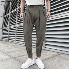 Fashion Men Pants Solid Color Lace Up Pleated Joggers Casual Trousers Men Loose Streetwear Leisure Long Pants L-5XL INCERUN