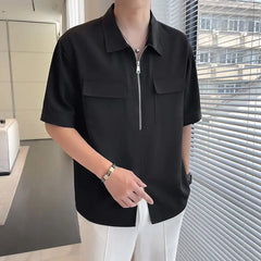 Summer Leisure Fashion Versatile Zipper Design with Trendy Brand Trendy Thin Flip Collar Short Sleeve Polo Shirt for Men