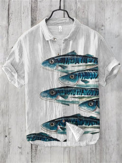 Men's Hawaiian Style Retro Fish Print Short Sleeved Shirt, Casual Linen Top, Loose and Breathable, Fashionable