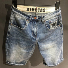 Male Denim Shorts Graphic Wide Baggy Loose Men's Short Jeans Pants With Text Korean Fashion Buttons Youthful Emo Cut Thin