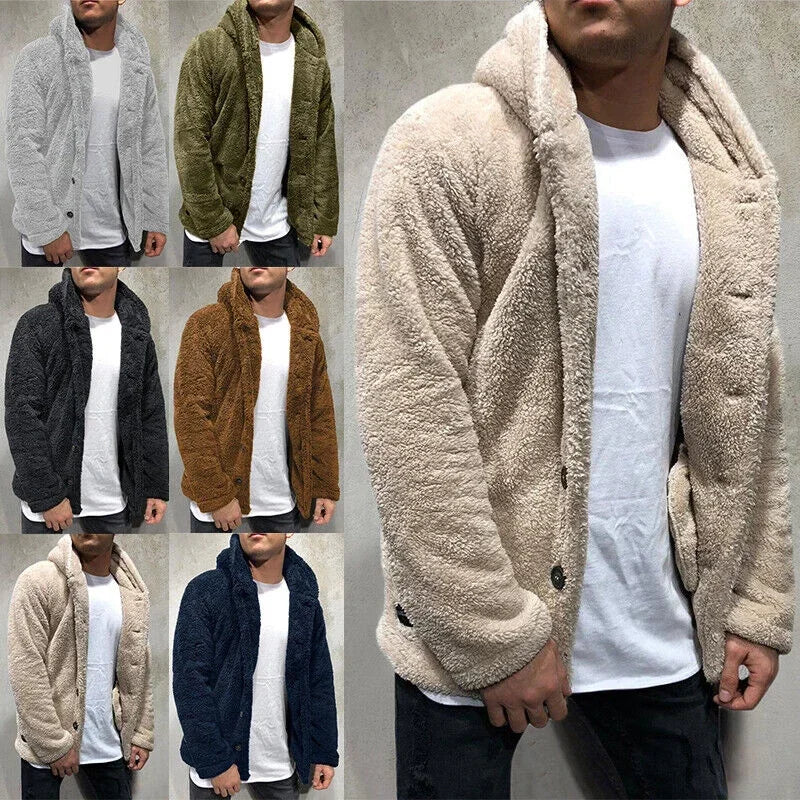 Men's Teddy Bear Fleece Coat Cardigan Winter Warm Hooded Coat Fashion Solid Color Long Sleeve Pocket Button Hooded Warm Coat