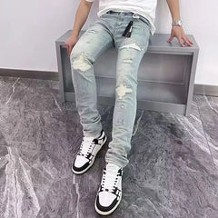 Fashion Men's Ripped Jeans Casual Stretch Denim Pants High Street Slim Fit Light Blue Hip Hop Jeans Streetwear Man's Trousers