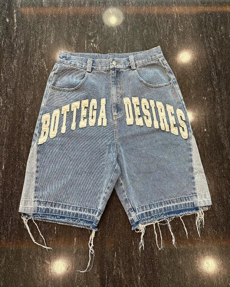 American Street Embroidery High Waist Washed Denim Shorts  Retro Trendy Brand Oversized Jeans Men Y2k Goth Punk Shorts