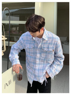 Jackets Men Plaid Youthful Korean Style All-match Personality Chic Pockets Loose Turn-down Collar Casual College Single Breasted