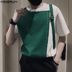 INCERUN Tops  Korean Style New Men Fashion Splicing Backpack Buckle Design T-shirts Casual Male Short Sleeved Camiseta L-5XL