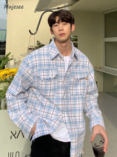 Jackets Men Plaid Youthful Korean Style All-match Personality Chic Pockets Loose Turn-down Collar Casual College Single Breasted