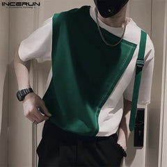 INCERUN Tops  Korean Style New Men Fashion Splicing Backpack Buckle Design T-shirts Casual Male Short Sleeved Camiseta L-5XL