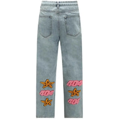 American Retro Niche Design Letter Embroidered Jeans Men High Street Slim Straight Casual Pants Couple Joker Trousers