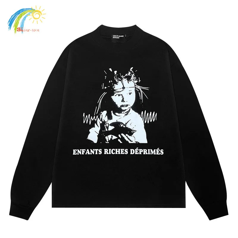 Vintage Black Oversize ERD Long Sleeved T Shirt Men Women Heavy Fabric Character Graphics Print Enfants Riches Deprimes Top