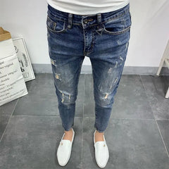 Men's Korean Style Classic Jeans New Blue Ripped Jeans for Men Fashion Trendy Summer Skinny Ripped Hole Cargo Trousers