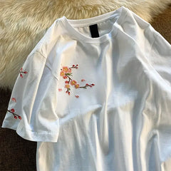 Niche high-end design heavy embroidery floral T-shirt tops for men  women summer loose chic couple short-sleeved T-shirt y2k ins