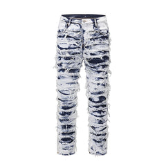 Frayed Distressed Retro Tie Dye Jeans Pants Men and Women Straight Ripped Hole Washed Baggy Casual Denim Trousers