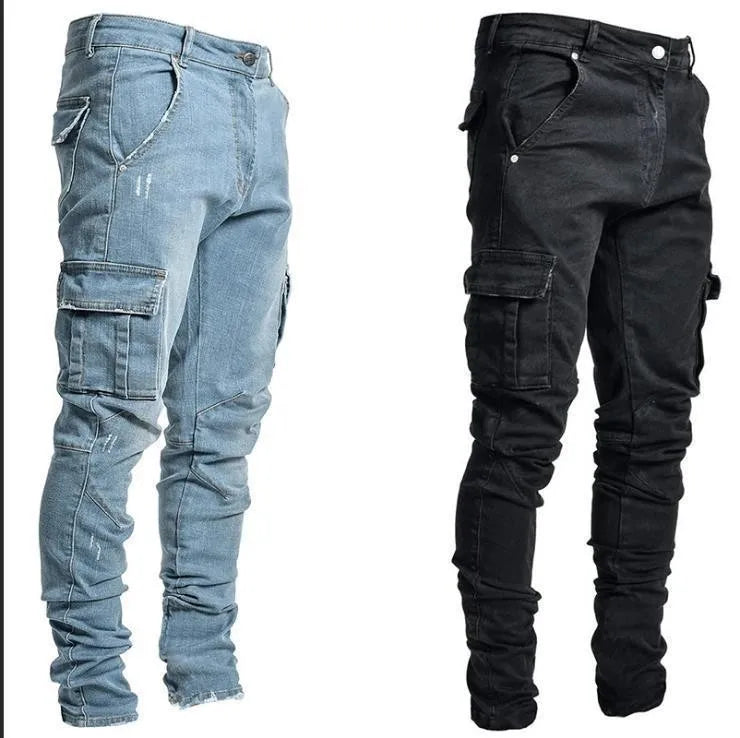 Men Jeans Pencil Pants Cargo Denim Solid Ankle Length Washing Pockets Mid Waist Sheath Slim Slight Strech High Street