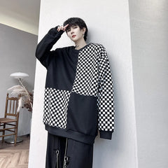 Men Casual T Shirt Checkerboard Patchwork O-neck Long Sleeve Pullover Streetwear Stylish Tee Tops Men Leisure Camisetas