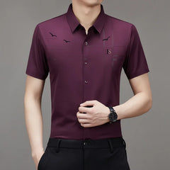 Summer Turn-down Collar Men's New Clothing Short Sleeve Shirt Middle-aged Thin Seamless Loose Fitting Fashion Business Tops