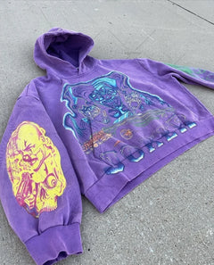 New Fashion Purple Casual Clothing Men Cartoon Printed Oversized Hoodie Men Y2K High Street Loose Pullover for Men & Women