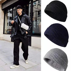 Men Fashion Knitted Hats Boy Skullcap Male Beanie Winter Retro Brimless Baggy Melon Cap Cuff Docker Fisherman Accessories