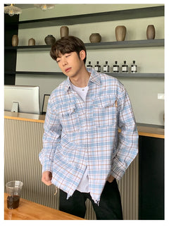 Jackets Men Plaid Youthful Korean Style All-match Personality Chic Pockets Loose Turn-down Collar Casual College Single Breasted