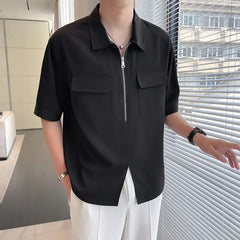 Summer Leisure Fashion Versatile Zipper Design with Trendy Brand Trendy Thin Flip Collar Short Sleeve Polo Shirt for Men