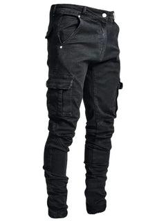 Men Jeans Pencil Pants Cargo Denim Solid Ankle Length Washing Pockets Mid Waist Sheath Slim Slight Strech High Street