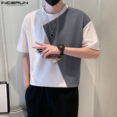 INCERUN Summer Men T Shirt Patchwork O-neck Short Sleeve Streetwear Casual Men Clothing Korean Style Loose Tee Tops L-5XL