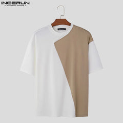 INCERUN Summer Men T Shirt Patchwork O-neck Short Sleeve Streetwear Casual Men Clothing Korean Style Loose Tee Tops L-5XL