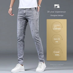 Fashionable Men's Luxury New Gray Solid Denim Pants Slim Fit Tretch Drsigner Skinny Jeans for Summer Casual Wear