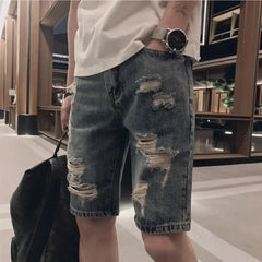 Male Denim Shorts Straight Ripped Men's Short Jeans Pants Designer Cowboy Luxury Korean Fashion Buttons Original Novelty In