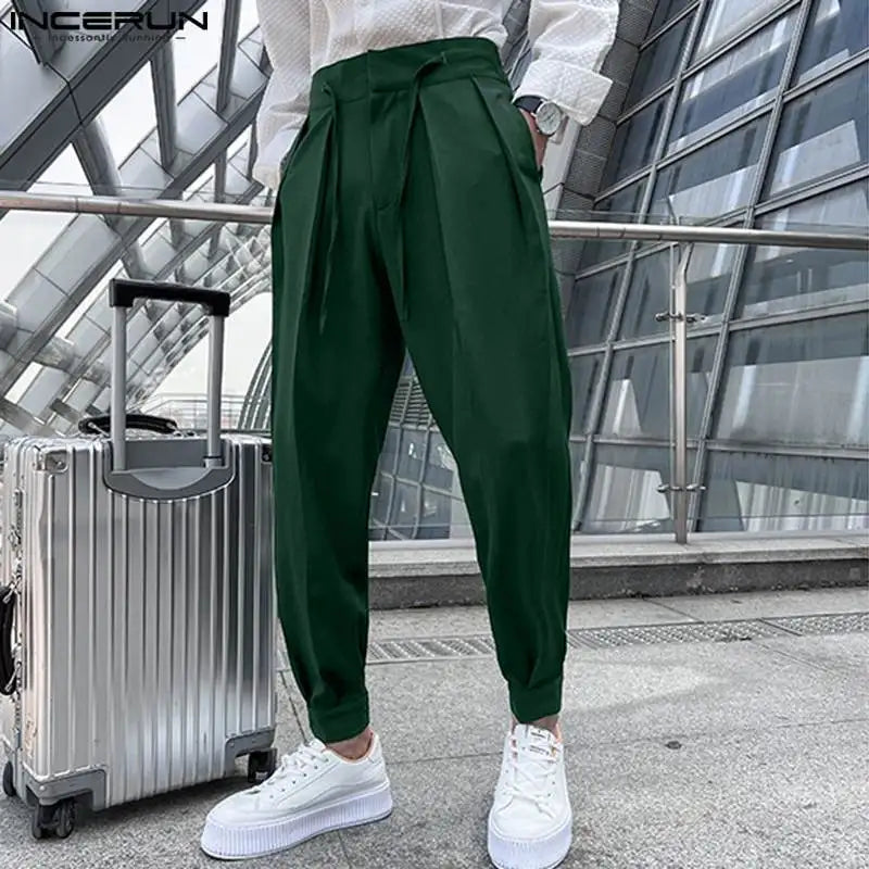 Fashion Men Pants Solid Color Lace Up Pleated Joggers Casual Trousers Men Loose Streetwear Leisure Long Pants L-5XL INCERUN