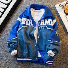 American retro denim stitching fashion embroidered jacket men's  spring and autumn baseball uniform personalized trendy top