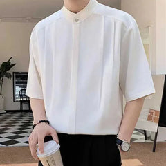 High Quality Stand Collar Shirt for Men Summer Ice Silk Draping Half Sleeves Tops Minimalist Ruffian Handsome Crimp Dress Shirt