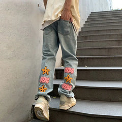 American Retro Niche Design Letter Embroidered Jeans Men High Street Slim Straight Casual Pants Couple Joker Trousers