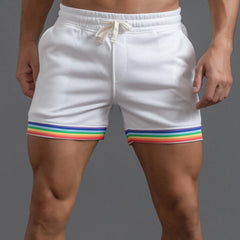 Polyester Shorts Men Summer Solid Color Rainbow Pants Pocket Drawstring Loose Casual Sports Running Glitter Foam Star