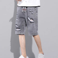 Men's Short Jeans Pants Straight Gray Drawstring Ripped Male Denim Shorts Trend  Popular Xl With Vintage Streetwear