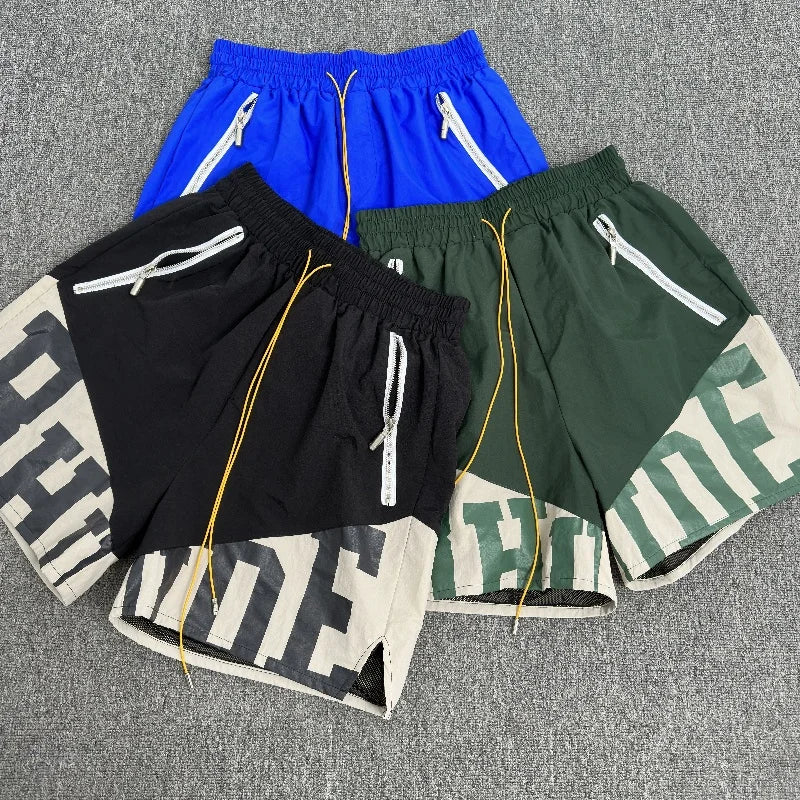 High Street Colour blocking Letters Printing Brand Shorts High Quality Mens Womens Summer Vintage Loose Shorts