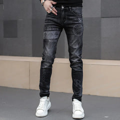 Black Jeans For Men Fashion High Street Slim Printing Denim Man Pants Autumn Stretchy Casual Biker High Quality Men's Clothing