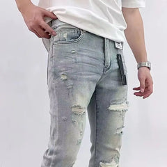 Fashion Men's Ripped Jeans Casual Stretch Denim Pants High Street Slim Fit Light Blue Hip Hop Jeans Streetwear Man's Trousers