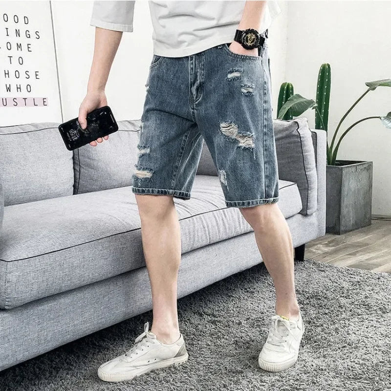 Male Denim Shorts Straight Ripped Men's Short Jeans Pants Designer Cowboy Luxury Korean Fashion Buttons Original Novelty In